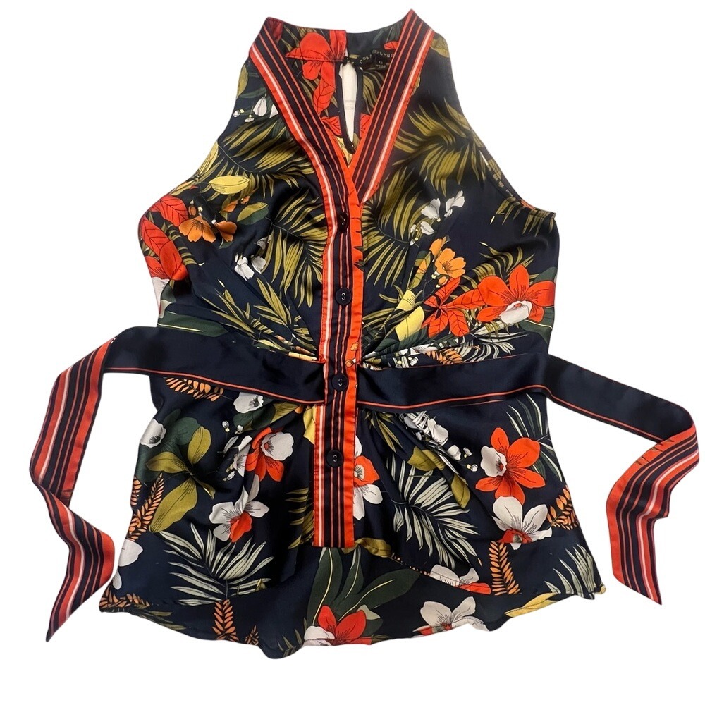 Dora Landa Navy Sleeveless Blouse with Tropical‎ Floral Accents Size XS
